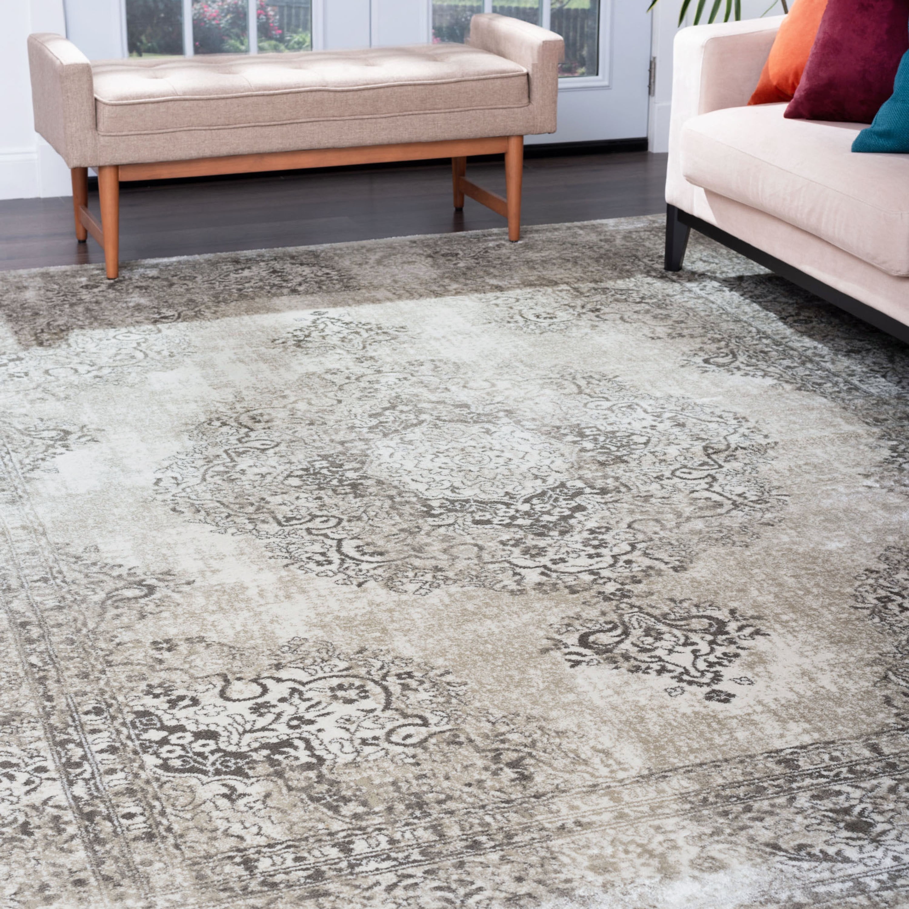 Bliss Rugs Oriental Area Rug, Medallion Indoor Rugs for Living Room, Dining Room, Bedroom | Ivory/Taupe, 5' x 8' (5'3''x7'3'')