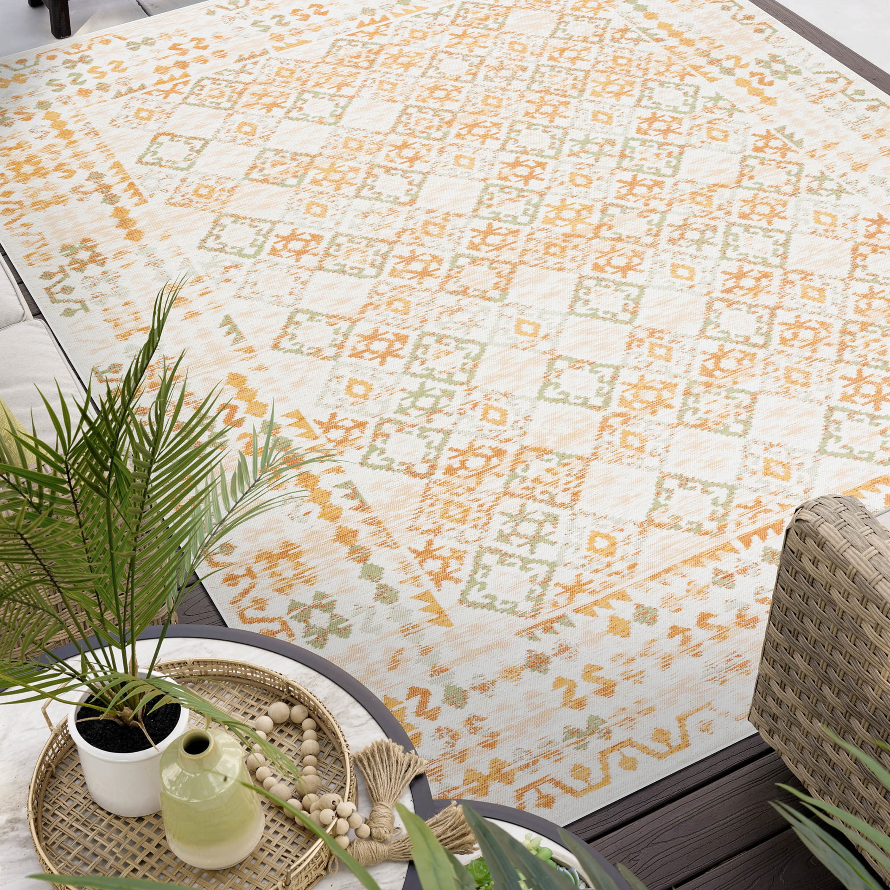 Bliss Rugs Reversible Indoor Outdoor Area Rug Moroccan Style for Patio, Porch, Garden | Orange, 7'11'' x 10'3''