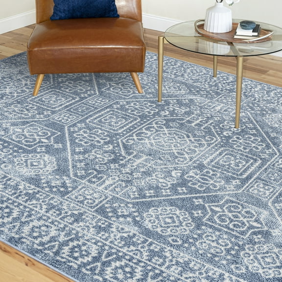 Bliss Rugs Scandinavian Area Rug for Living Room, Farmhouse, Bedroom, Geometric Tribal Dining Room Rug | Blue, 5' x 8'(5'3''x7'3'')