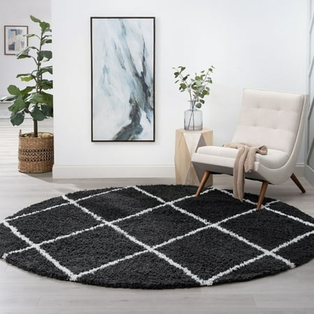 Jersey Shag Contemporary Diamond Dark Gray and White Polypropylene Indoor Area Rug, 8'x8' Round