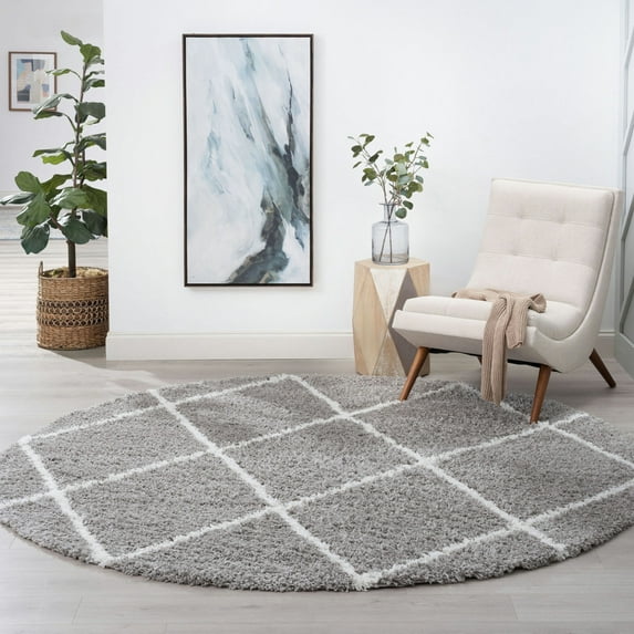Bliss Rugs Shag Contemporary Diamond Round Rug for Living Room, Dining Room | Silver, 7'10''Round