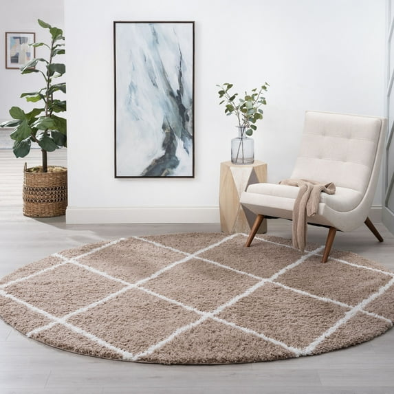 Bliss Rugs Shag Contemporary Diamond Round Rug for Living Room, Dining Room | Tan, 5'3''Round
