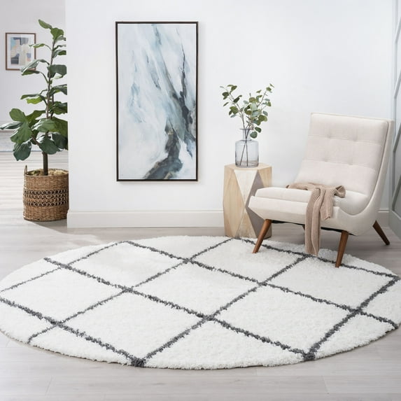 Bliss Rugs Shag Contemporary Diamond Round Rug for Living Room, Dining Room | White, 5'3''Round