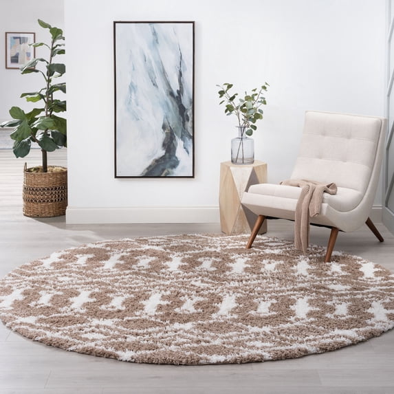 Jersey Shag Contemporary Geometric Tan and White Polypropylene Indoor Area Rug, 6'x6' Round