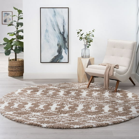 Jersey Shag Contemporary Geometric Tan and White Polypropylene Indoor Area Rug, 6'x6' Round