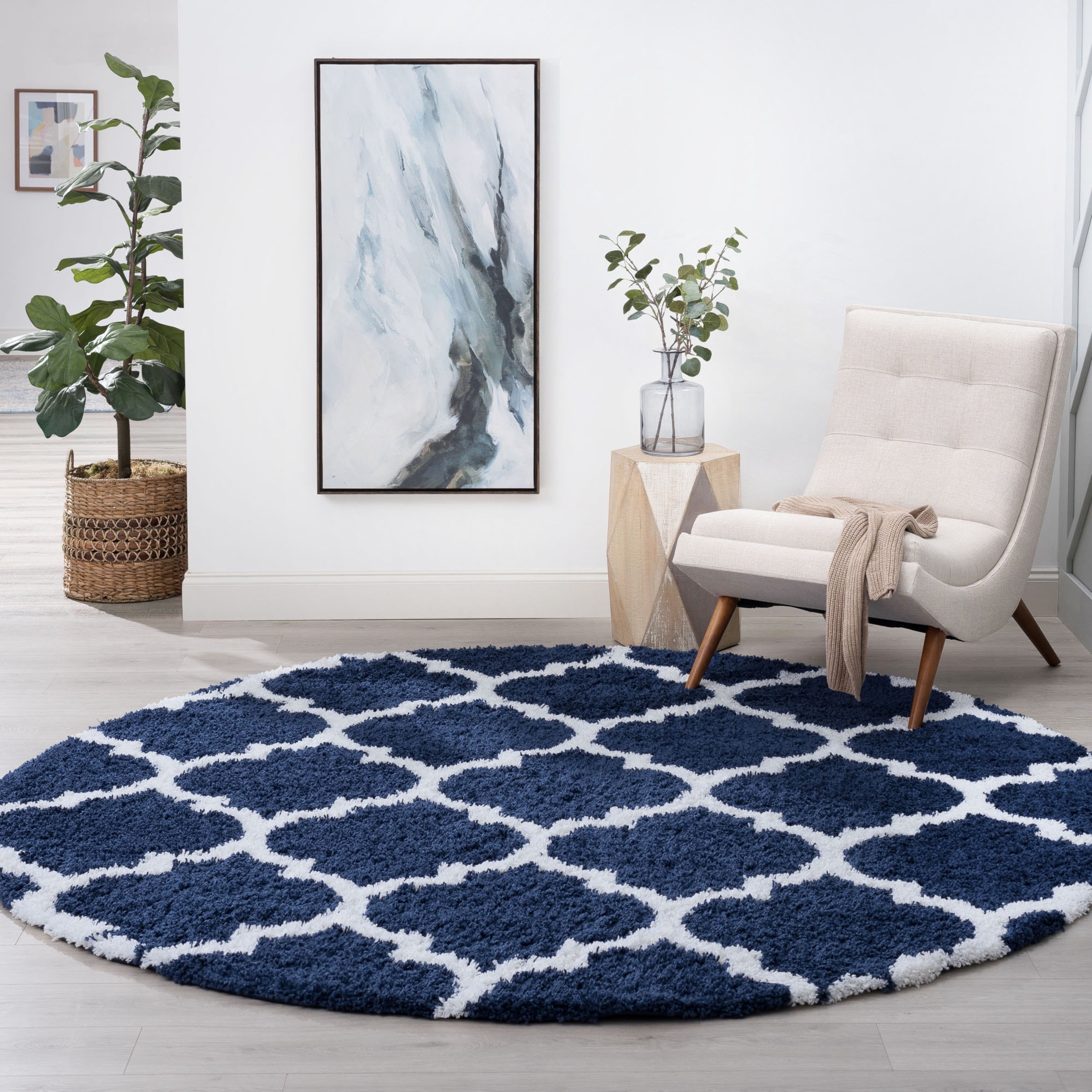 Bliss Rugs Shag Transitional Geometric Round Rug for Living Room, Dining Room | Navy, 7'10''Round