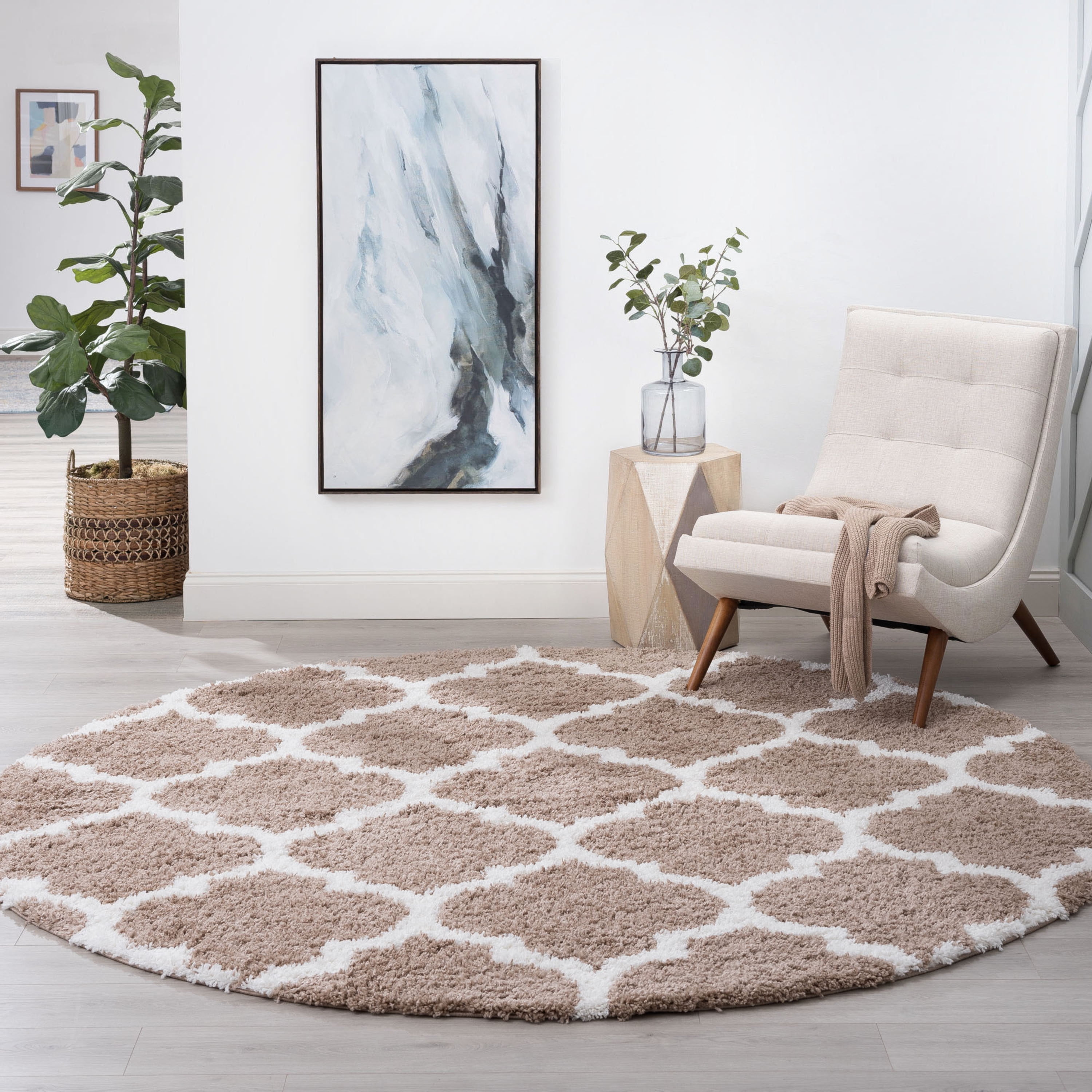 Jersey Shag Transitional Geometric Tan and White Polypropylene Indoor Area Rug, 6'x6' Round