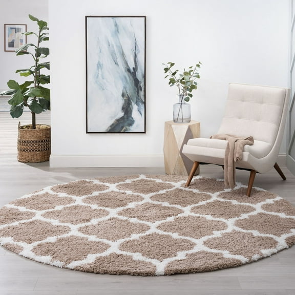 Jersey Shag Transitional Geometric Tan and White Polypropylene Indoor Area Rug, 8'x8' Round