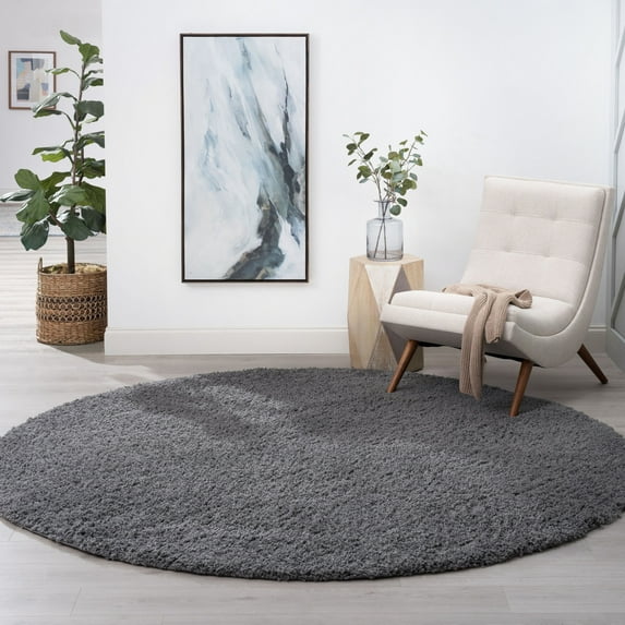 Bliss Rugs Shag Transitional Solid Round Rug for Living Room, Dining Room | Gray, 7'10''Round