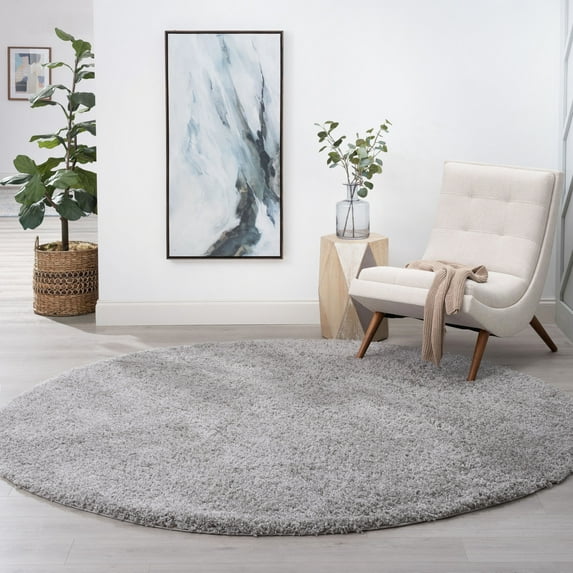 Jersey Shag Transitional Solid Silver Polypropylene Indoor Area Rug, 6'x6' Round