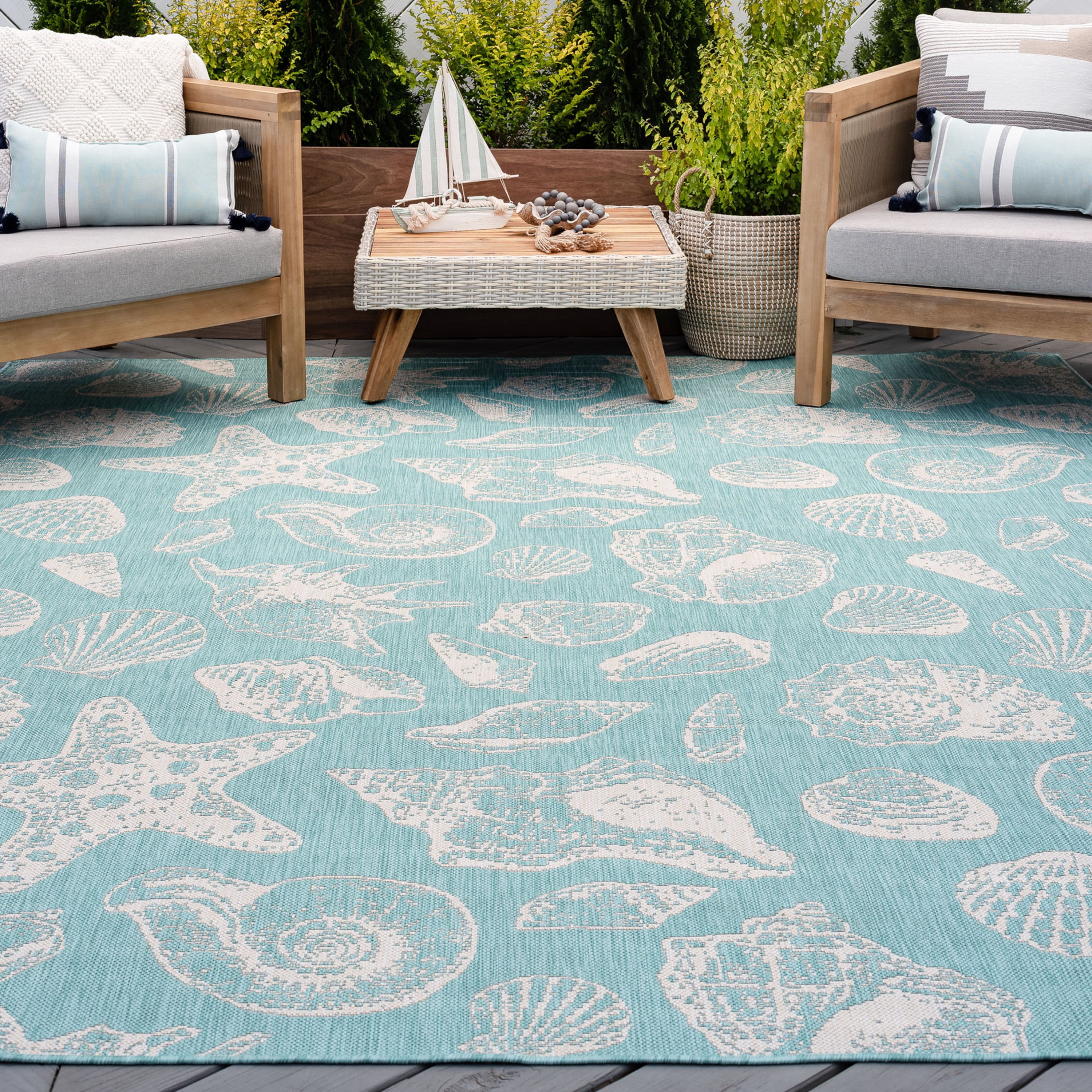 Bliss Rugs Solid Border Indoor Outdoor Area Rug for Patio, Porch, Garden | Aqua, 5'3'' x 7'3''