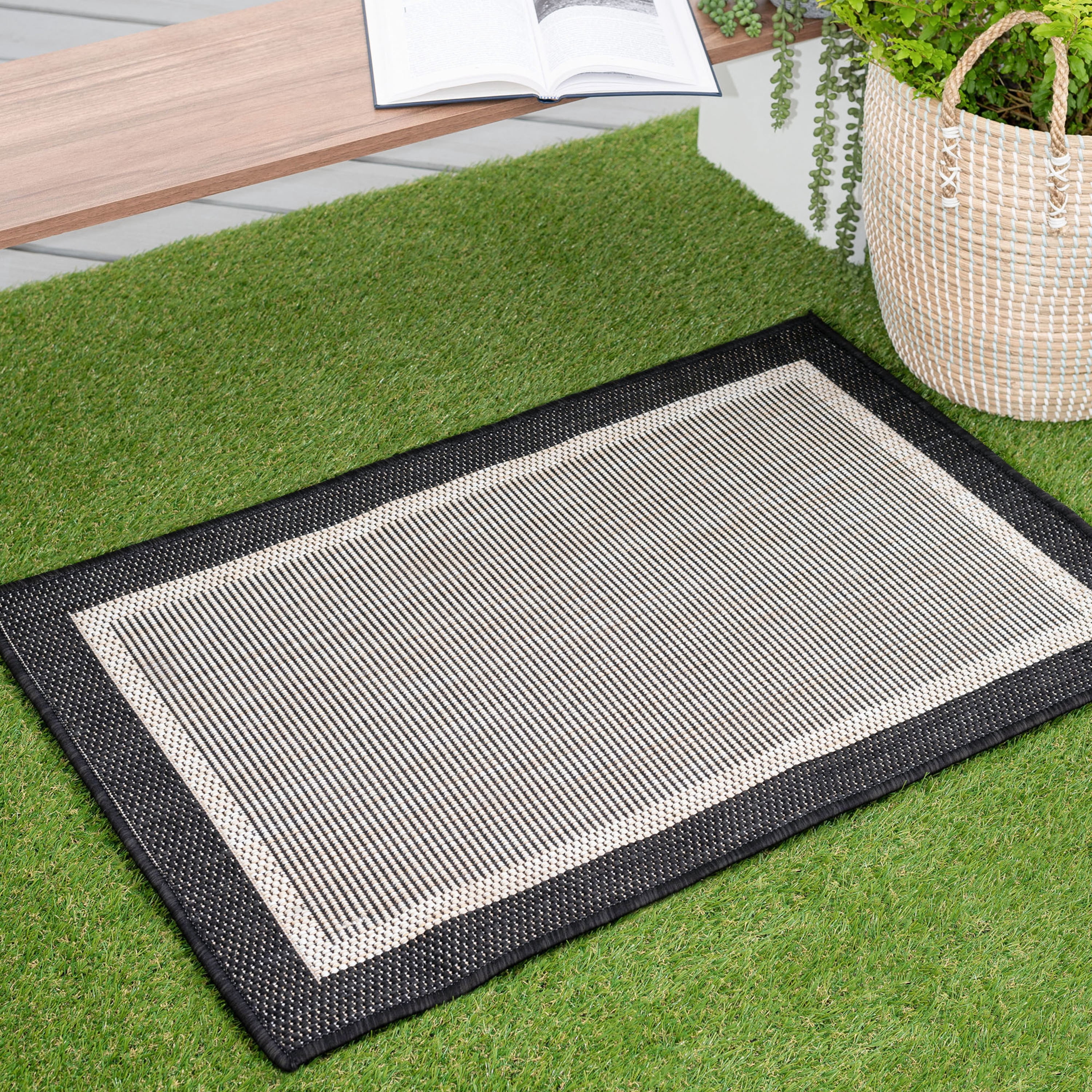 Bliss Rugs Solid Border Indoor Outdoor Rug Low-Profile Floor Mat for Patio, Entrance, Front Door |Black, 2' x 3'
