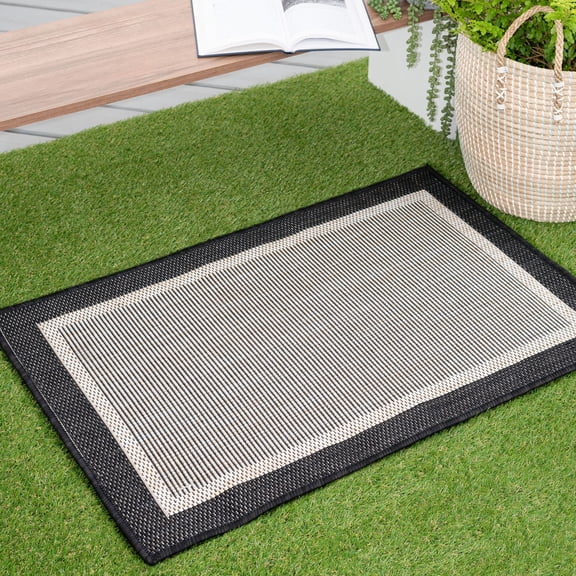 Bliss Rugs Solid Border Indoor Outdoor Rug Low-Profile Floor Mat for Patio, Entrance, Front Door |Black, 2' x 3'
