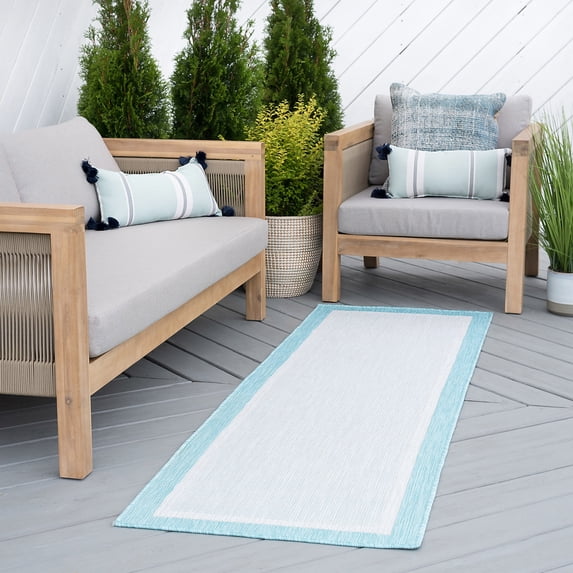 Bliss Rugs Solid Border Indoor Outdoor Rug Water Resistant Runner Rug for Patio, Hallway, Entryway, Deck, Aqua ,2' x 8'