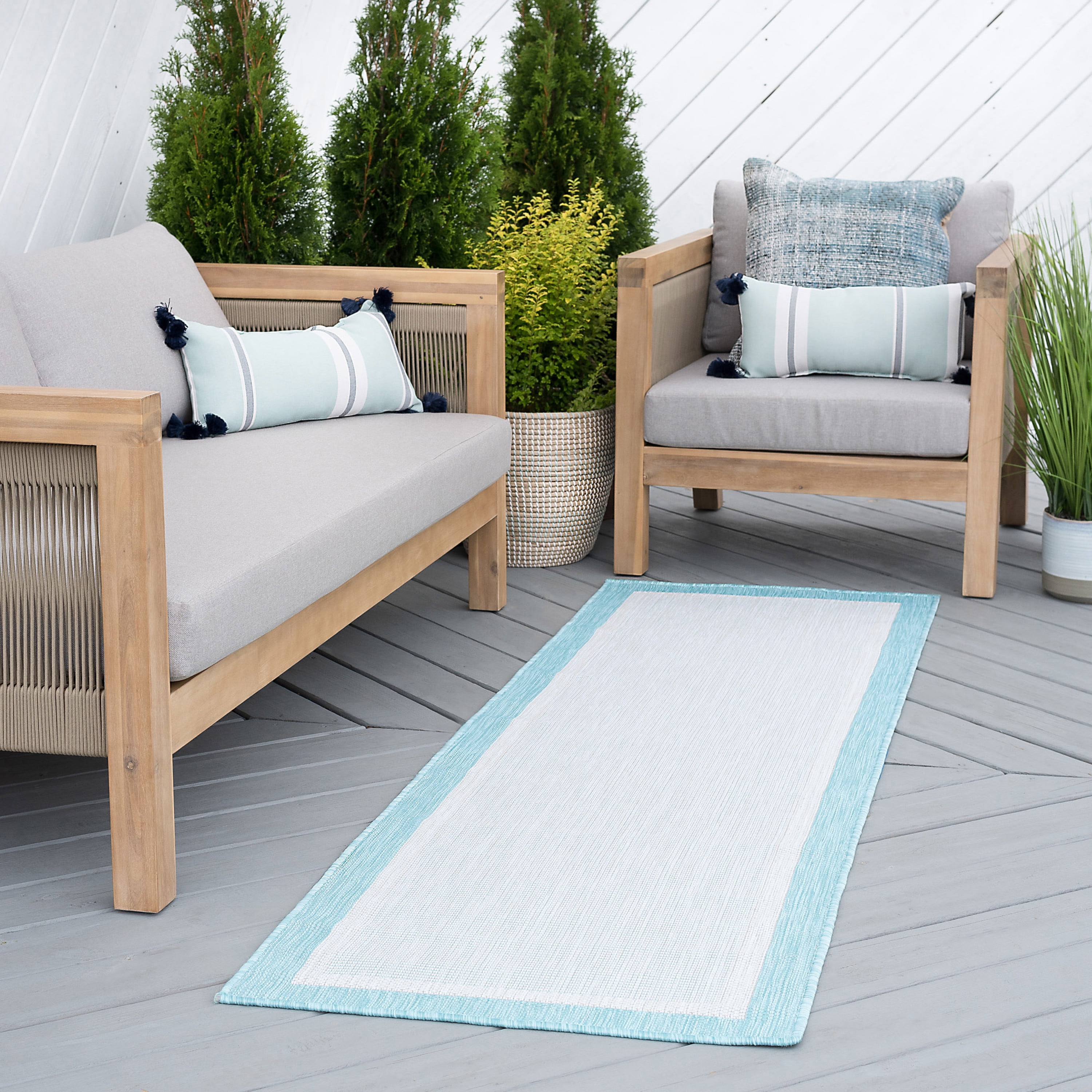 Bliss Rugs Solid Border Indoor Outdoor Rug Water Resistant Runner Rug for Patio, Hallway, Entryway, Deck, Aqua ,3' x 10'