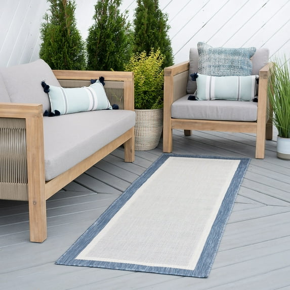 Bliss Rugs Solid Border Indoor Outdoor Rug Water Resistant Runner Rug for Patio, Hallway, Entryway, Deck, Blue ,2' x 8'