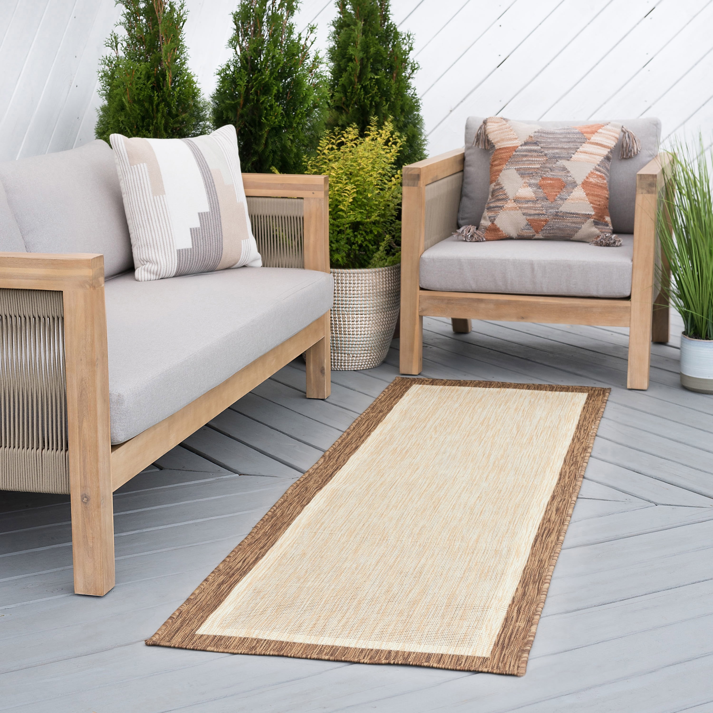 Bliss Rugs Solid Border Indoor Outdoor Rug Water Resistant Runner Rug for Patio, Hallway, Entryway, Deck, Brown ,3' x 10'