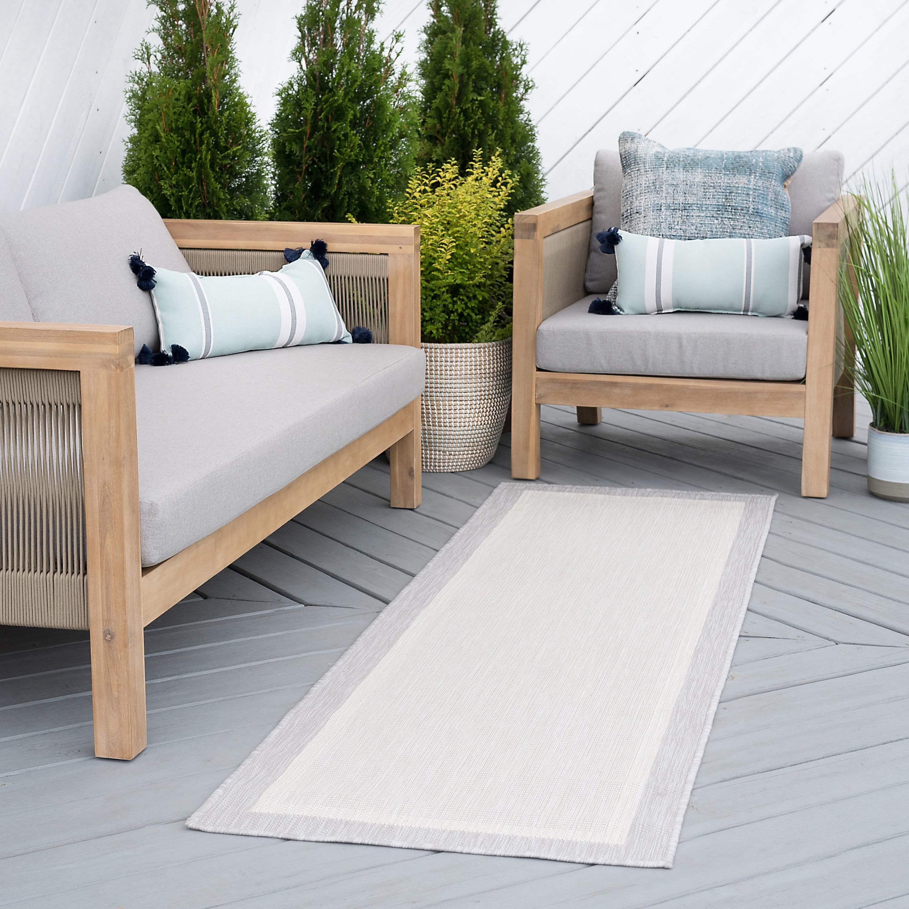 Bliss Rugs Solid Border Indoor Outdoor Rug Water Resistant Runner Rug for Patio, Hallway, Entryway, Deck, Gray ,2' x 8'