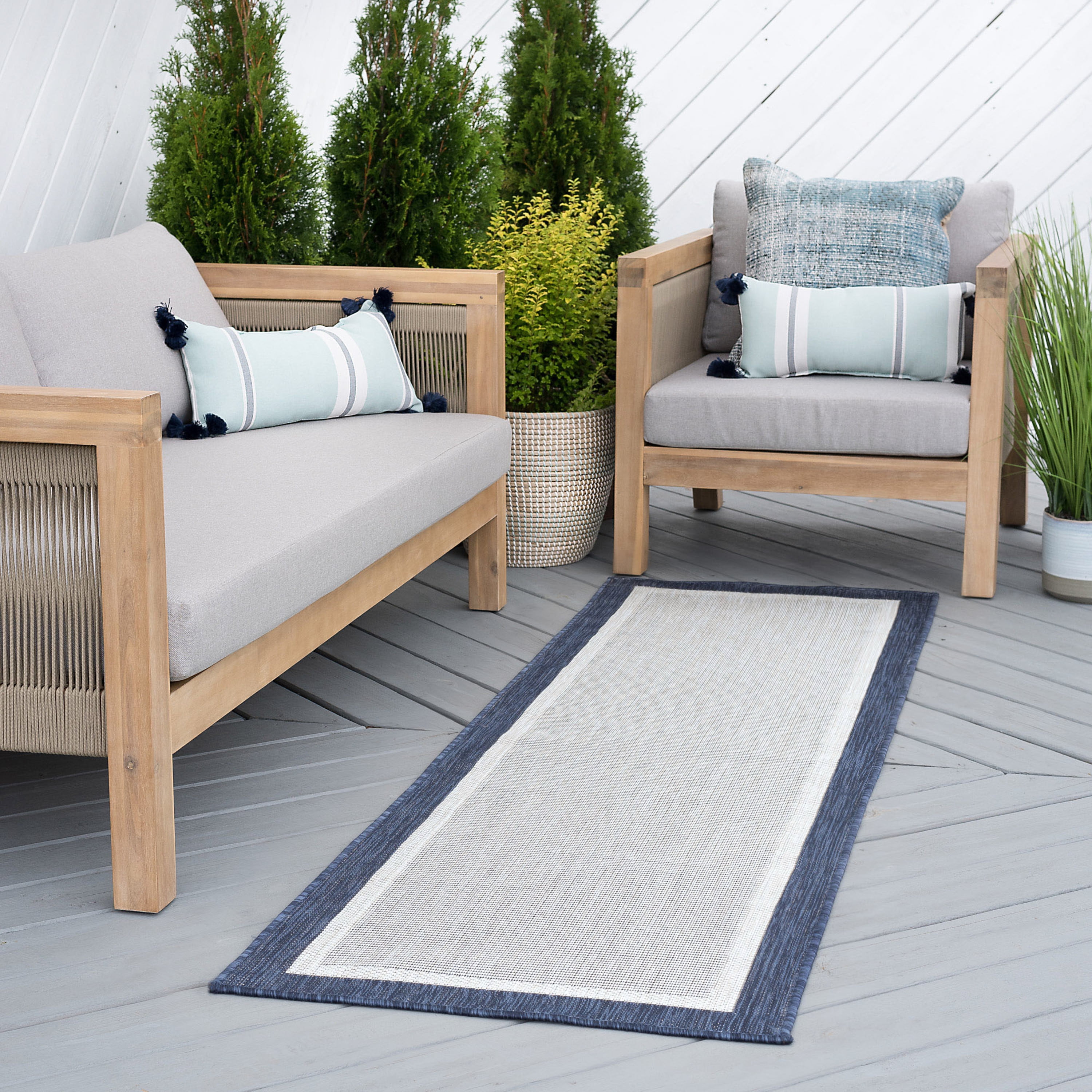Bliss Rugs Solid Border Indoor Outdoor Rug Water Resistant Runner Rug for Patio, Hallway, Entryway, Deck, Navy ,3' x 10'