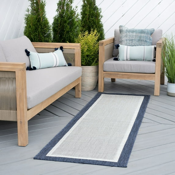 Bliss Rugs Solid Border Indoor Outdoor Rug Water Resistant Runner Rug for Patio, Hallway, Entryway, Deck, Navy ,3' x 10'
