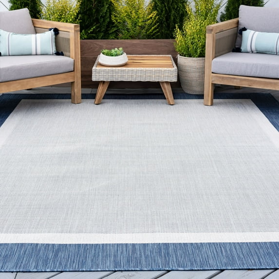 Bliss Rugs Solid Border Large Indoor Outdoor Area Rug for Patio, Porch, Garden | Blue, 8'9'' x 12'2''
