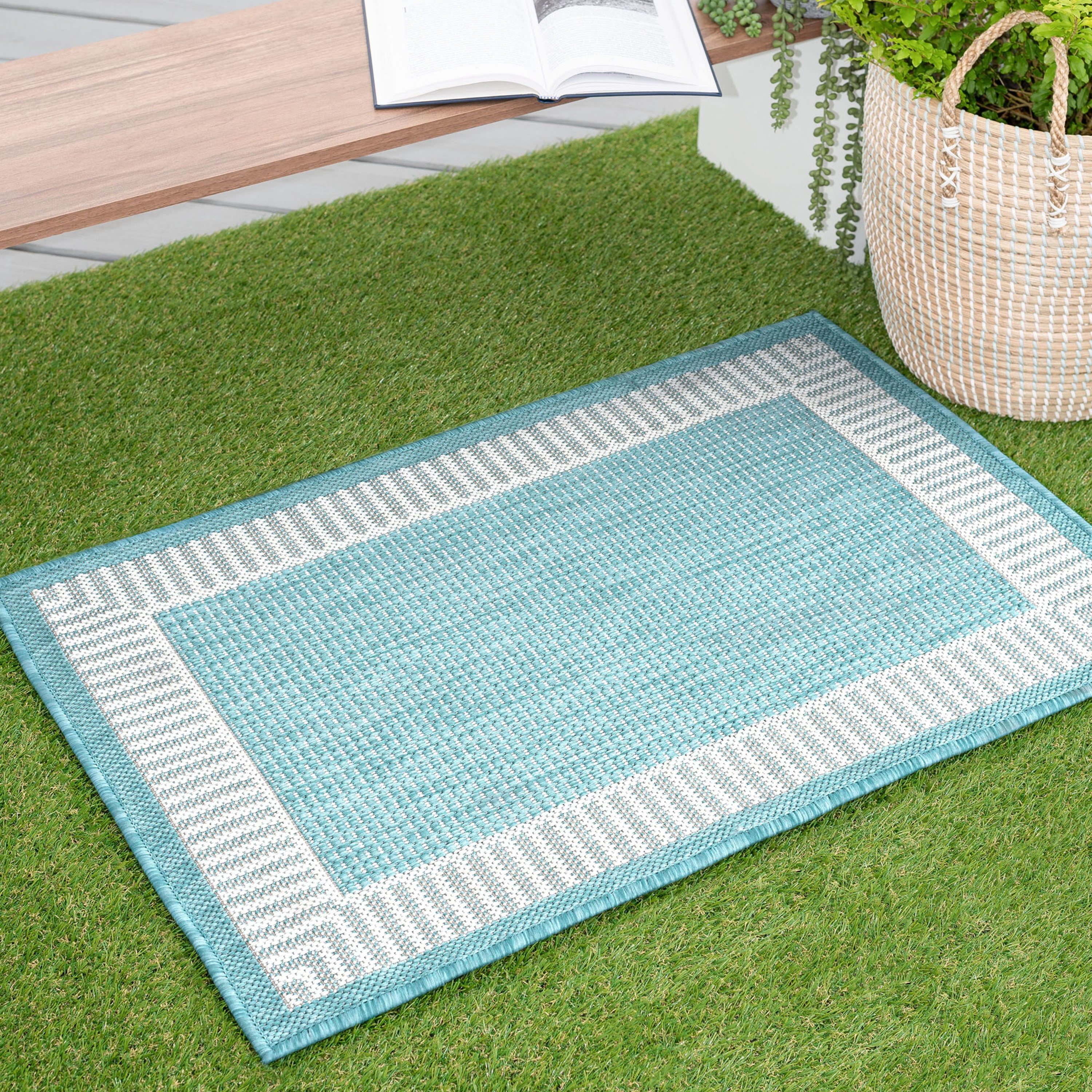 Bliss Rugs Striped Border Indoor Outdoor Rug Low-Profile Floor Mat for Patio, Entrance, Front Door |Aqua, 2' x 3'