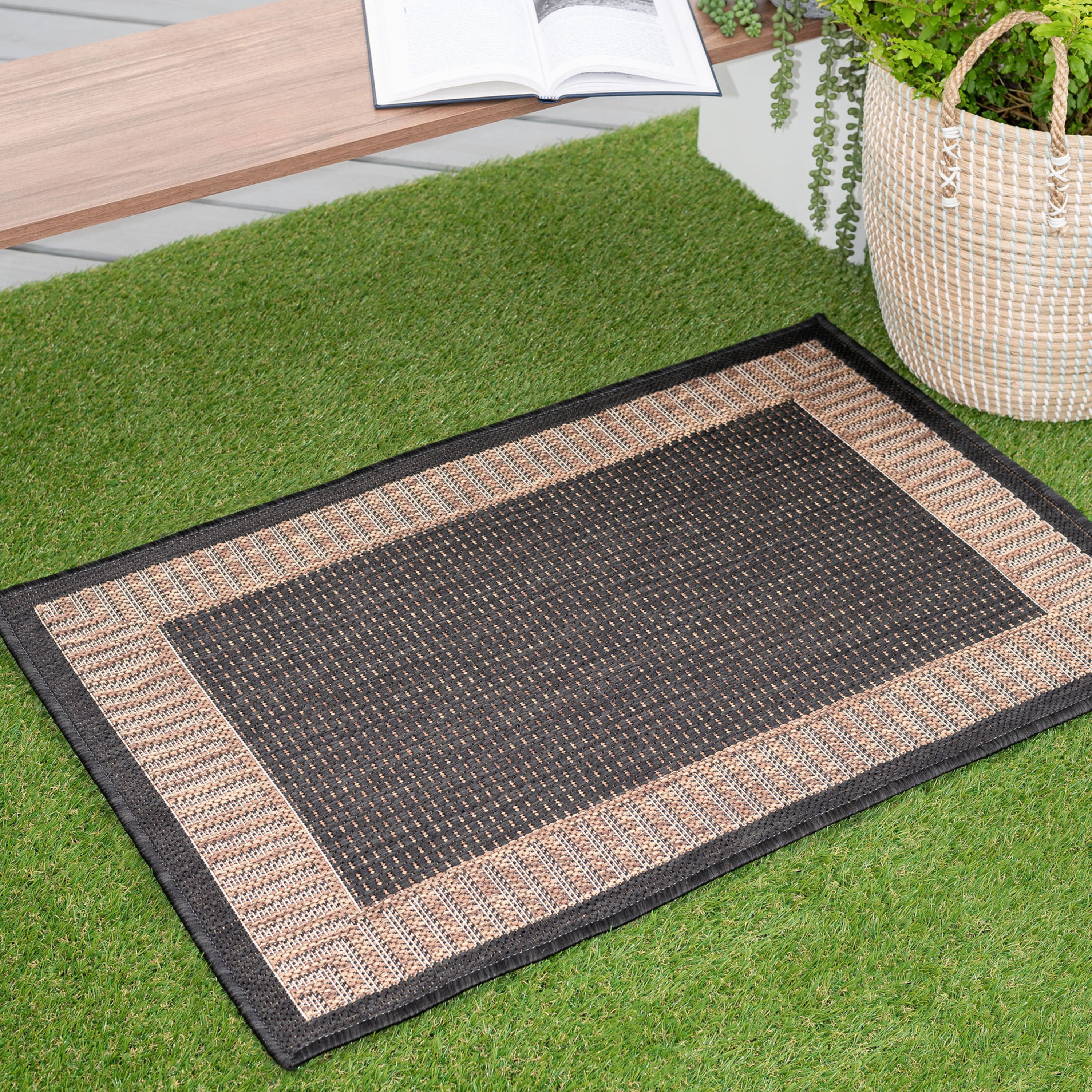 Bliss Rugs Striped Border Indoor Outdoor Rug Low-Profile Floor Mat for Patio, Entrance, Front Door |Gold, 2' x 3'
