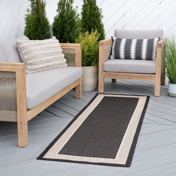 Bliss Rugs Striped Border Indoor Outdoor Rug Water Resistant Runner Rug for Patio, Hallway, Entryway, Deck, Black ,2' x 8'