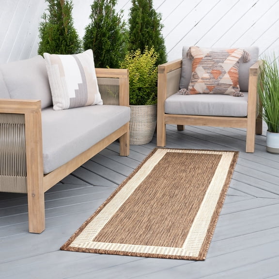 Bliss Rugs Striped Border Indoor Outdoor Rug Water Resistant Runner Rug for Patio, Hallway, Entryway, Deck, Brown ,2' x 8'