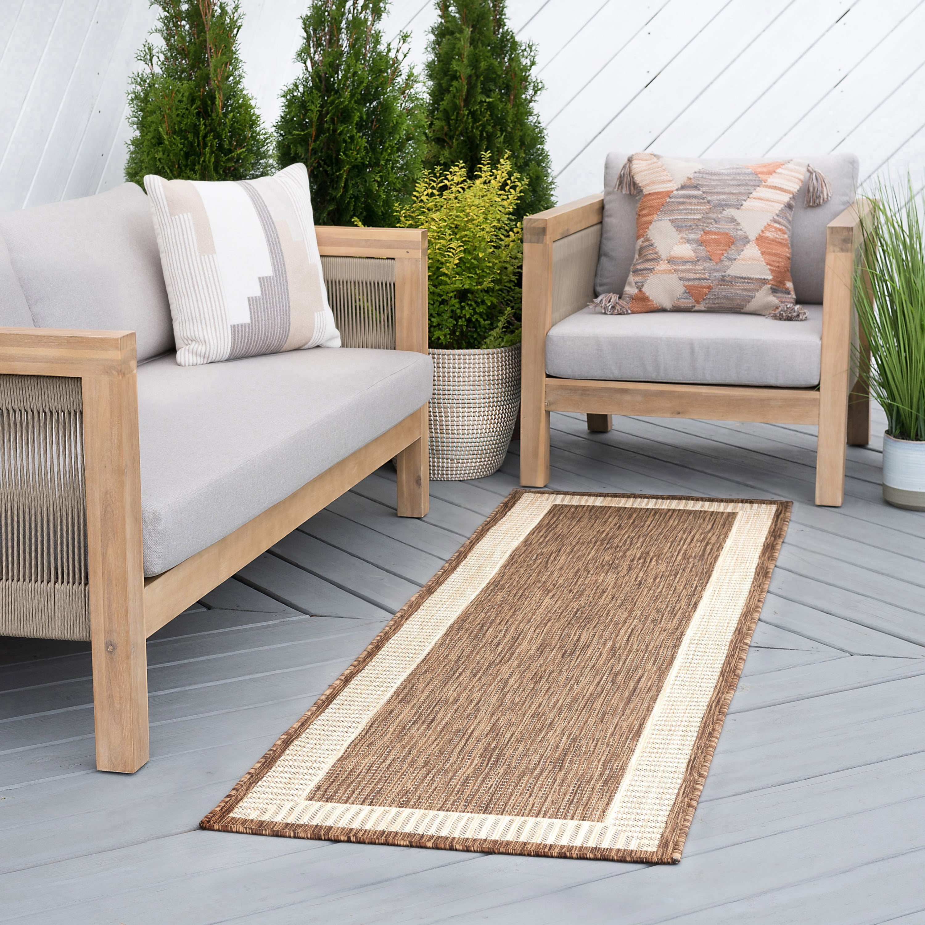 Bliss Rugs Striped Border Indoor Outdoor Rug Water Resistant Runner Rug for Patio, Hallway, Entryway, Deck, Brown ,3' x 10'