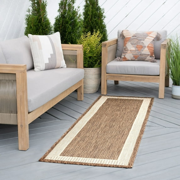 Bliss Rugs Striped Border Indoor Outdoor Rug Water Resistant Runner Rug for Patio, Hallway, Entryway, Deck, Brown ,3' x 10'