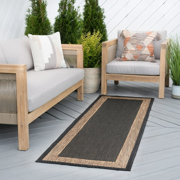 Bliss Rugs Striped Border Indoor Outdoor Rug Water Resistant Runner Rug for Patio, Hallway, Entryway, Deck, Gold ,3' x 10'
