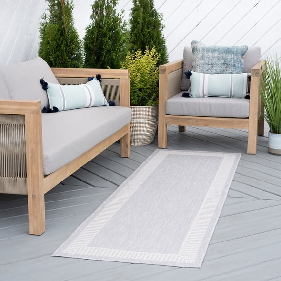 Bliss Rugs Striped Border Indoor Outdoor Rug Water Resistant Runner Rug for Patio, Hallway, Entryway, Deck, Gray ,2' x 8'
