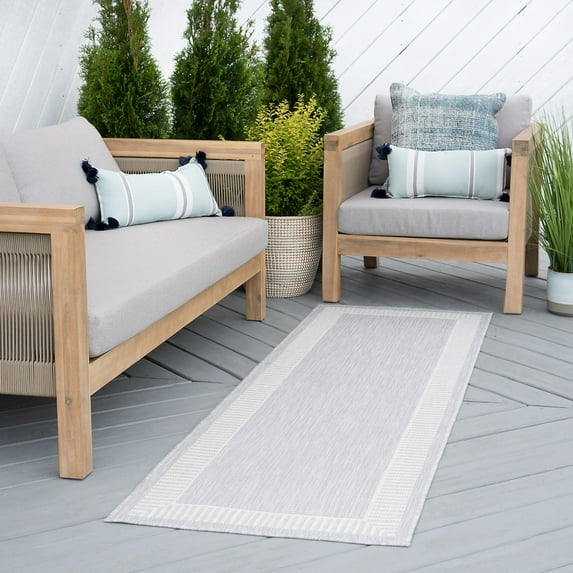 Bliss Rugs Striped Border Indoor Outdoor Rug Water Resistant Runner Rug for Patio, Hallway, Entryway, Deck, Gray ,3' x 10'
