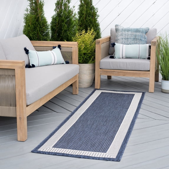 Bliss Rugs Striped Border Indoor Outdoor Rug Water Resistant Runner Rug for Patio, Hallway, Entryway, Deck, Navy ,3' x 10'