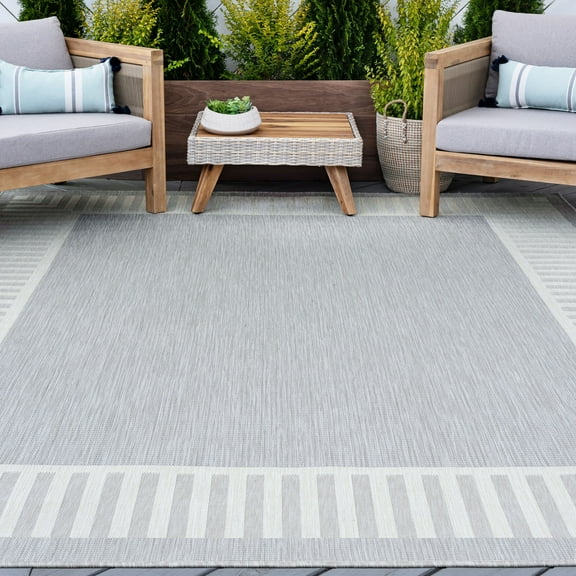 Bliss Rugs Striped Border Large Indoor Outdoor Area Rug for Patio, Porch, Garden | Gray, 8'9'' x 12'2''