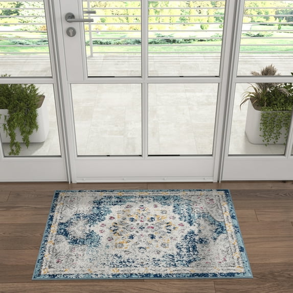 Bliss Rugs Traditional Indoor Doormat Medallion Floor Mat for Entrance, Indoor Door Mat | Blue, 2' x 3'