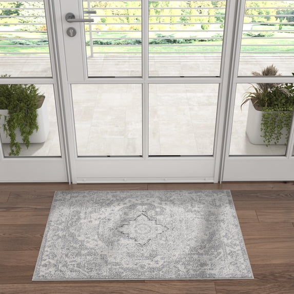 Bliss Rugs Traditional Indoor Doormat Medallion Floor Mat for Entrance, Indoor Door Mat | Gray, 2' x 3'