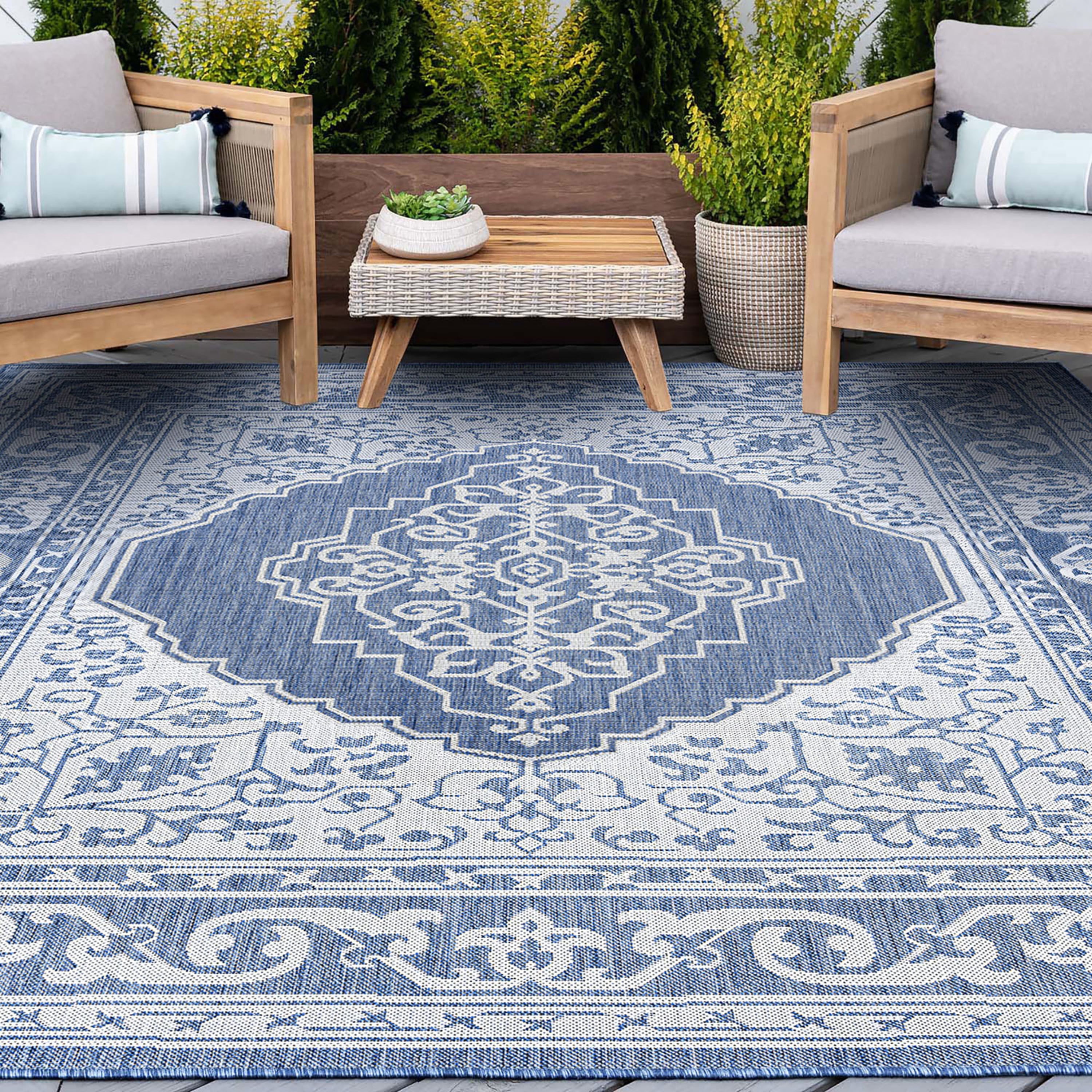Bliss Rugs Traditional Medallion Indoor Outdoor Area Rug for Patio, Porch, Garden | Blue, 4' x 5'3''