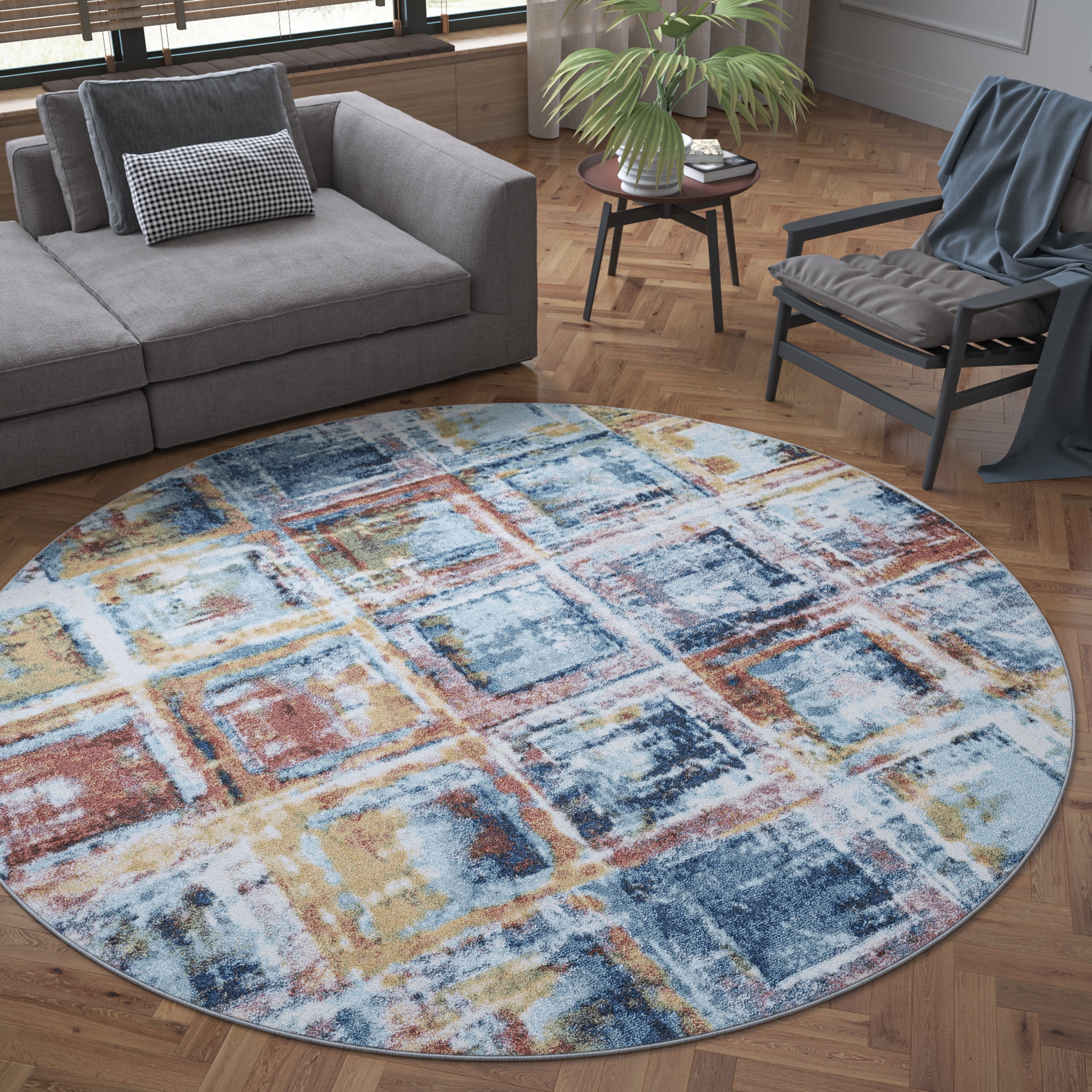 Bliss Rugs Vintage Contemporary Abstract Round Rug for Living Room, Dining Room | Navy, 5'3''Round