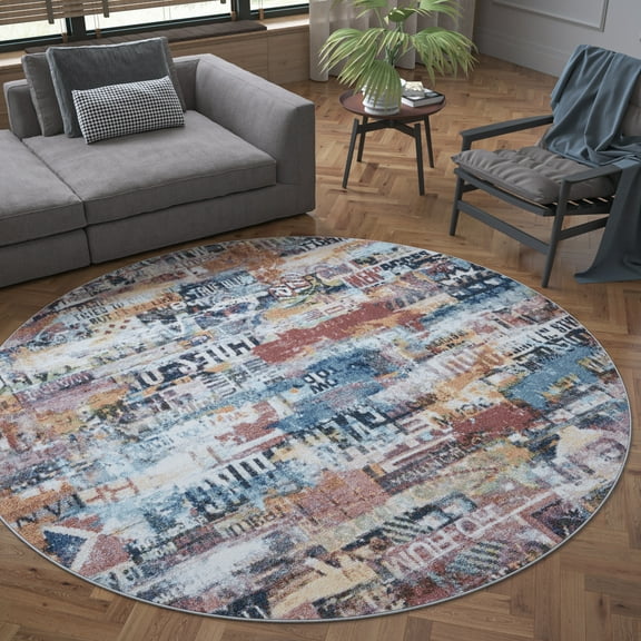 Bliss Rugs Vintage Contemporary Abstract Round Rug for Living Room, Dining Room | Pink, 5'3''Round