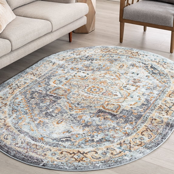 Bliss Rugs Vintage Traditional Oriental Oval Rug for Living Room, Dining Room | Blue, 5'3''x7'3''Oval