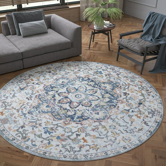 Bliss Rugs Vintage Traditional Oriental Round Rug for Living Room, Dining Room | Cream, 7'10''Round