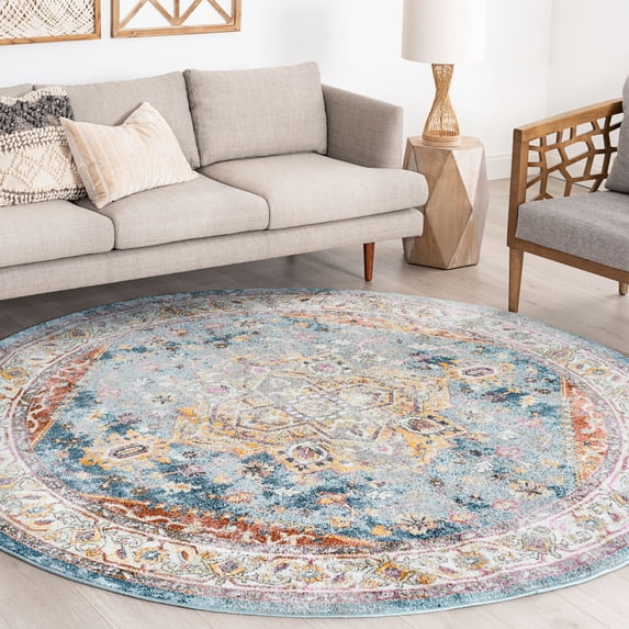 Bliss Rugs Vintage Traditional Oriental Round Rug for Living Room, Dining Room | Denim, 5'3''Round