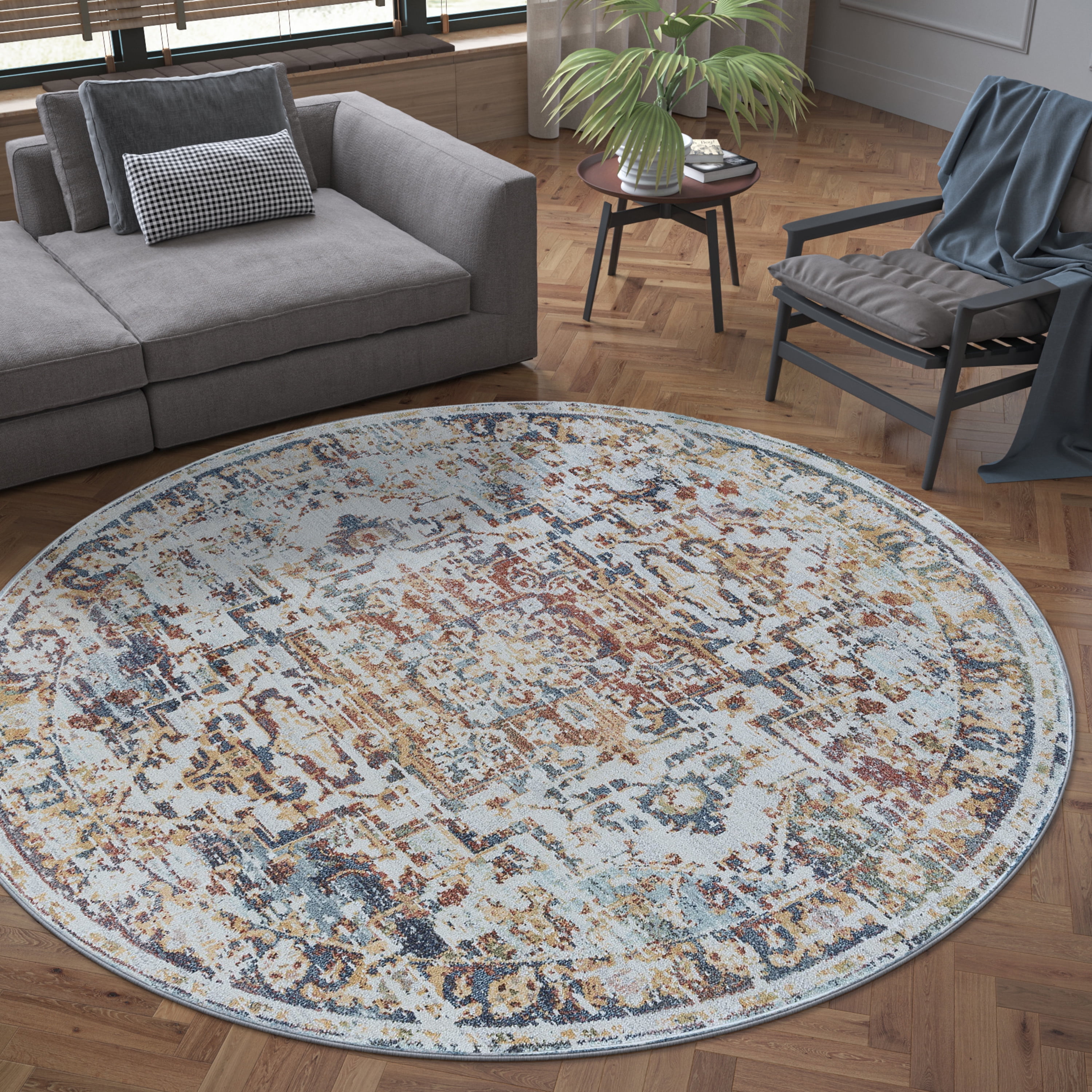 Bliss Rugs Vintage Traditional Oriental Round Rug for Living Room, Dining Room | Navy, 5'3''Round