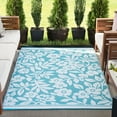 thumbnail image 1 of Bliss Rugs Waterproof Reversible Plastic Straw Floral Outdoor Rug for Patio, Camping, RV, Deck, Porch, Camp | Aqua, 5' x 6'11'', 1 of 7