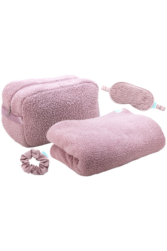 Travel Blanket Set - 4 Piece Plush Travel Blanket, Carry On Bag, Sleep Mask and Scrunchie