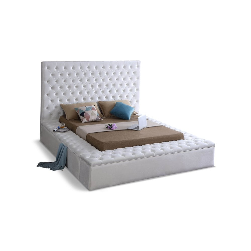 Elegant Bliss King-Size White Velvet Upholstered Bed with Storage