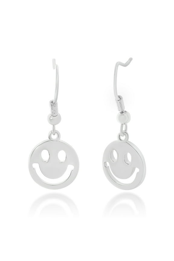 Women's Polished Smiley Face Hook Earrings in Rhodium Plated Brass