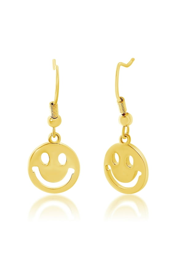 Women's Polished Smiley Face Hook Earrings in Yellow Gold Plated Brass